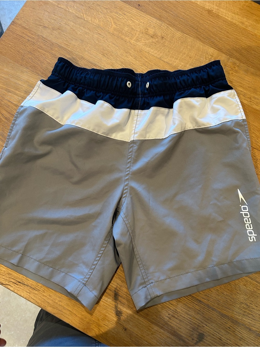 Speedo Gray Swim Trunks with Navy and White Waistband